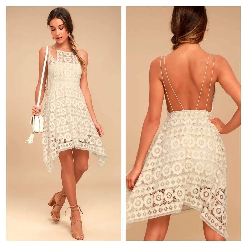 Free People Just Like Honey Size 6 Lace Dress Hanky Hem Beige Romantic High Neck